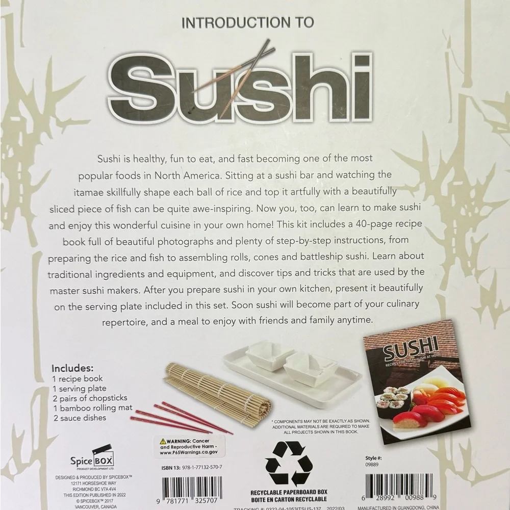 Intro To Sushi Kit Recipe Book, Serving Set, Chopsticks, Bamboo Roller NIB